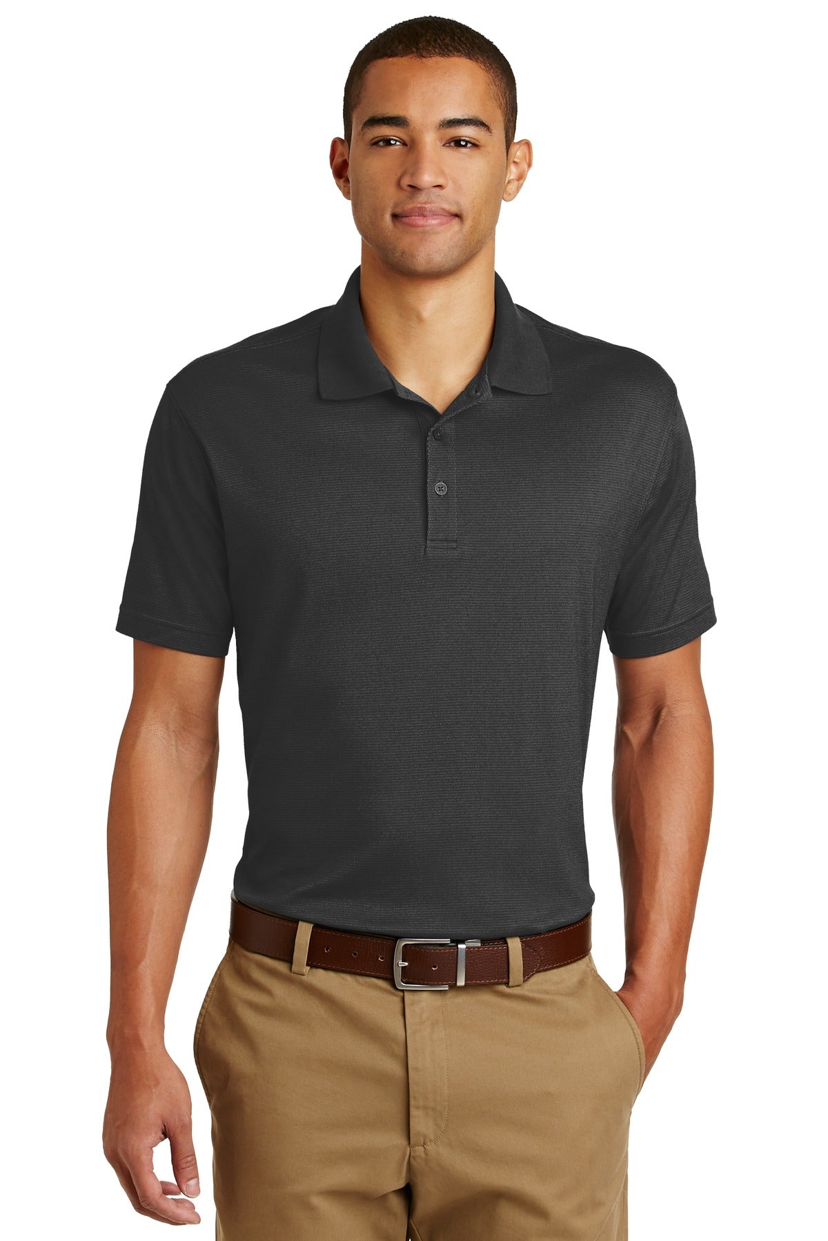 Front View of Black Eddie Bauer Performance Polo. EB102 - XS