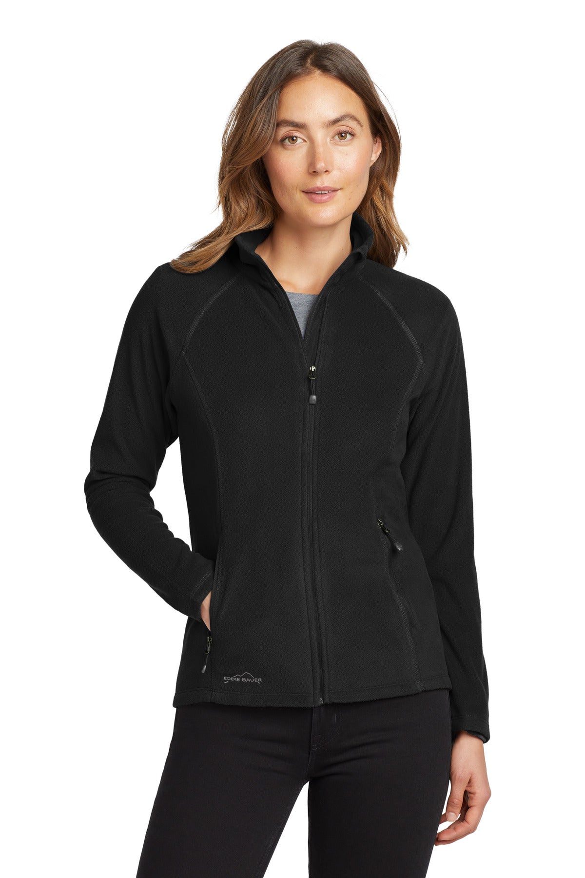 Front View of Black Eddie Bauer Women's Full-Zip Microfleece Jacket. EB225 - XS