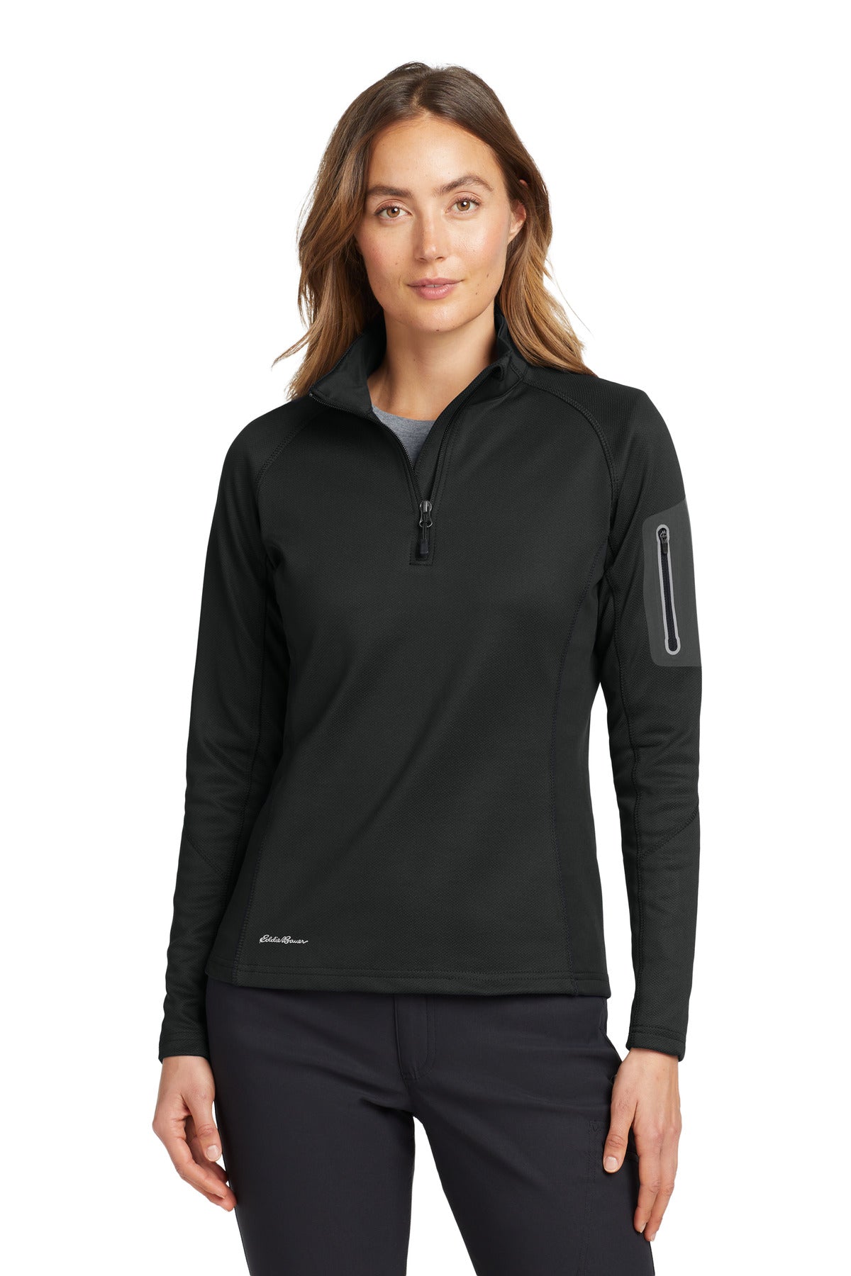 Front View of Black Eddie Bauer Women's 1/2-Zip Performance Fleece. EB235 - XS