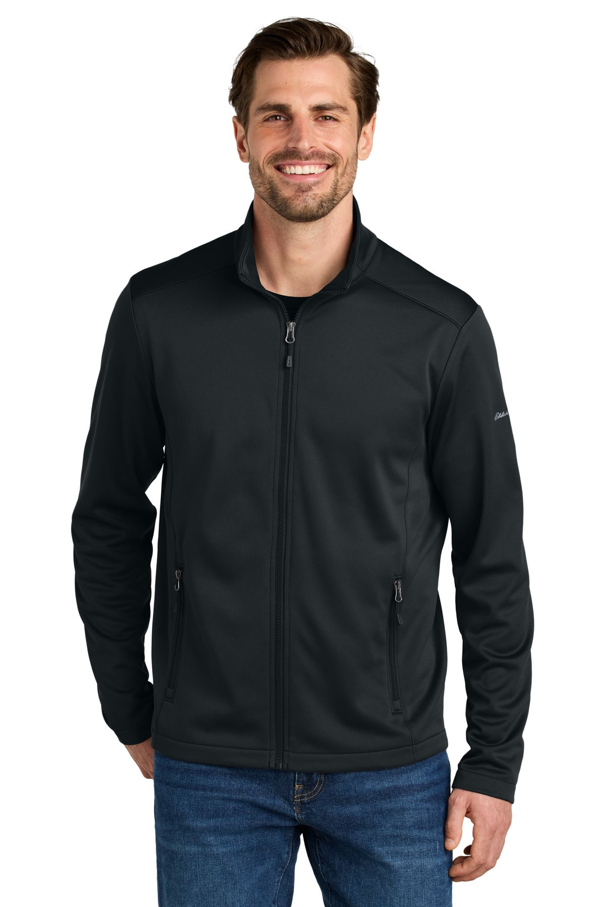 Front View of Black Eddie Bauer Smooth Mid Layer Fleece Full-Zip EB2460 - XS