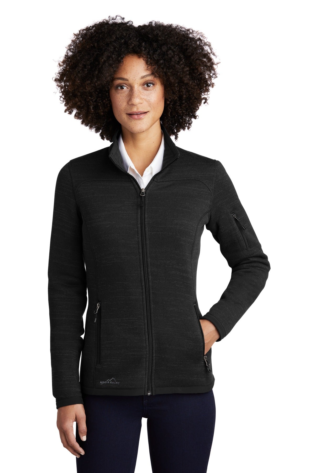 Front View of Black Eddie Bauer Women's Sweater Fleece Full-Zip. EB251 - XS