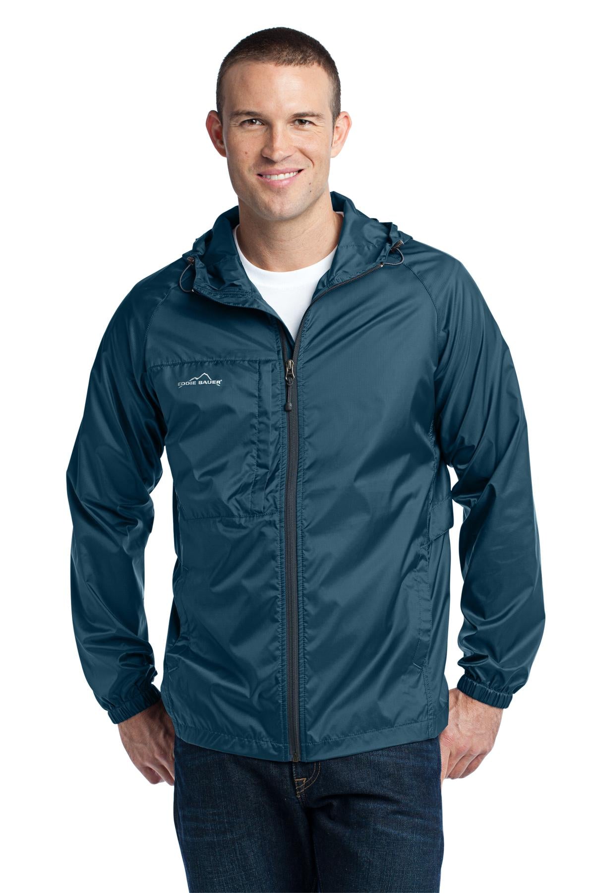 Front View of Adriatic Blue Eddie Bauer - Packable Wind Jacket. EB500 - XS
