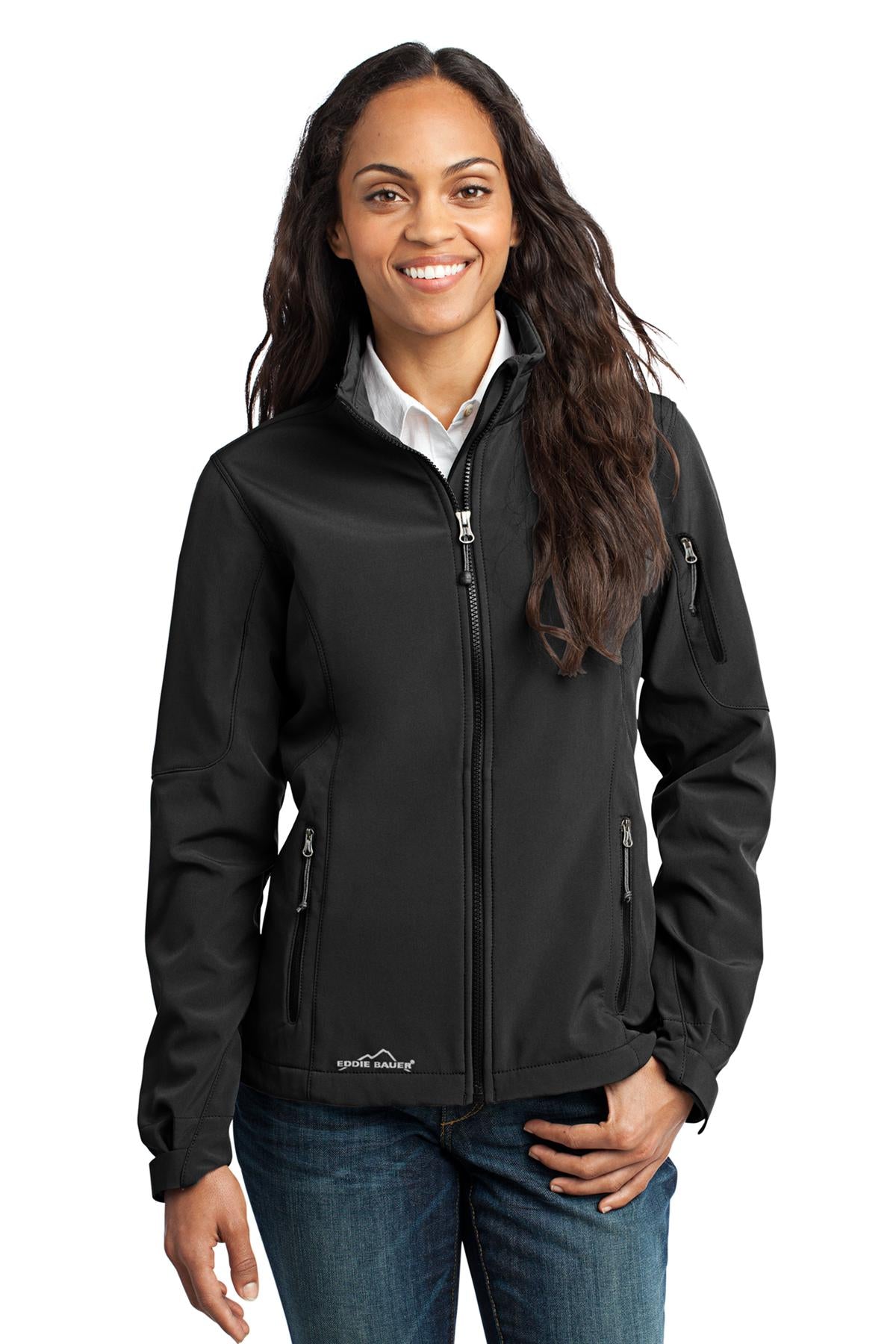 Front View of Black Eddie Bauer Women's Soft Shell Jacket. EB531 - XS