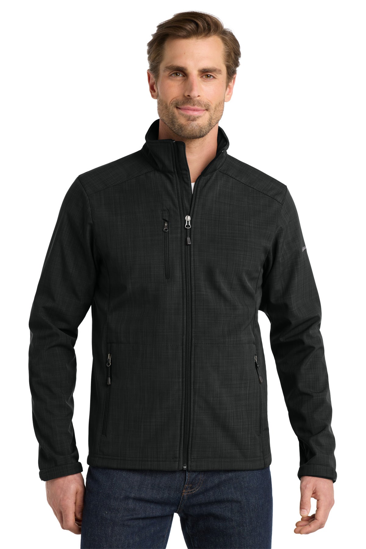 Front View of Black Eddie Bauer Shaded Crosshatch Soft Shell Jacket. EB532 - XS