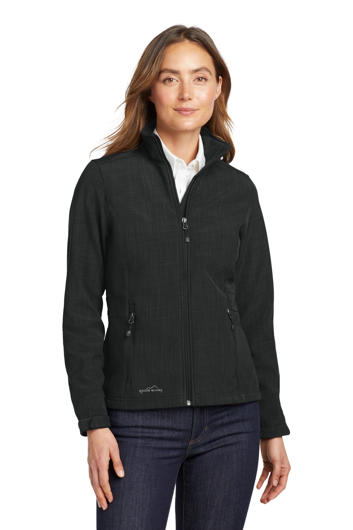 Front View of Black Eddie Bauer Women's Shaded Crosshatch Soft Shell Jacket. EB533 - XS