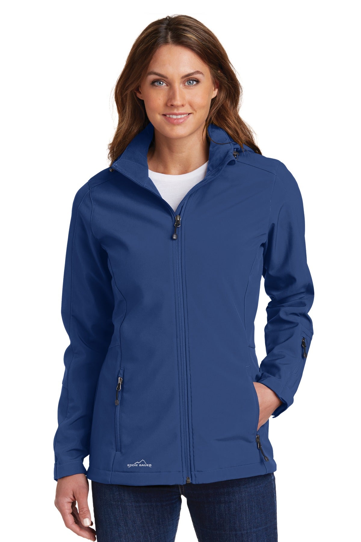 Front View of Admiral Blue Eddie Bauer Women's Hooded Soft Shell Parka. EB537 - XS