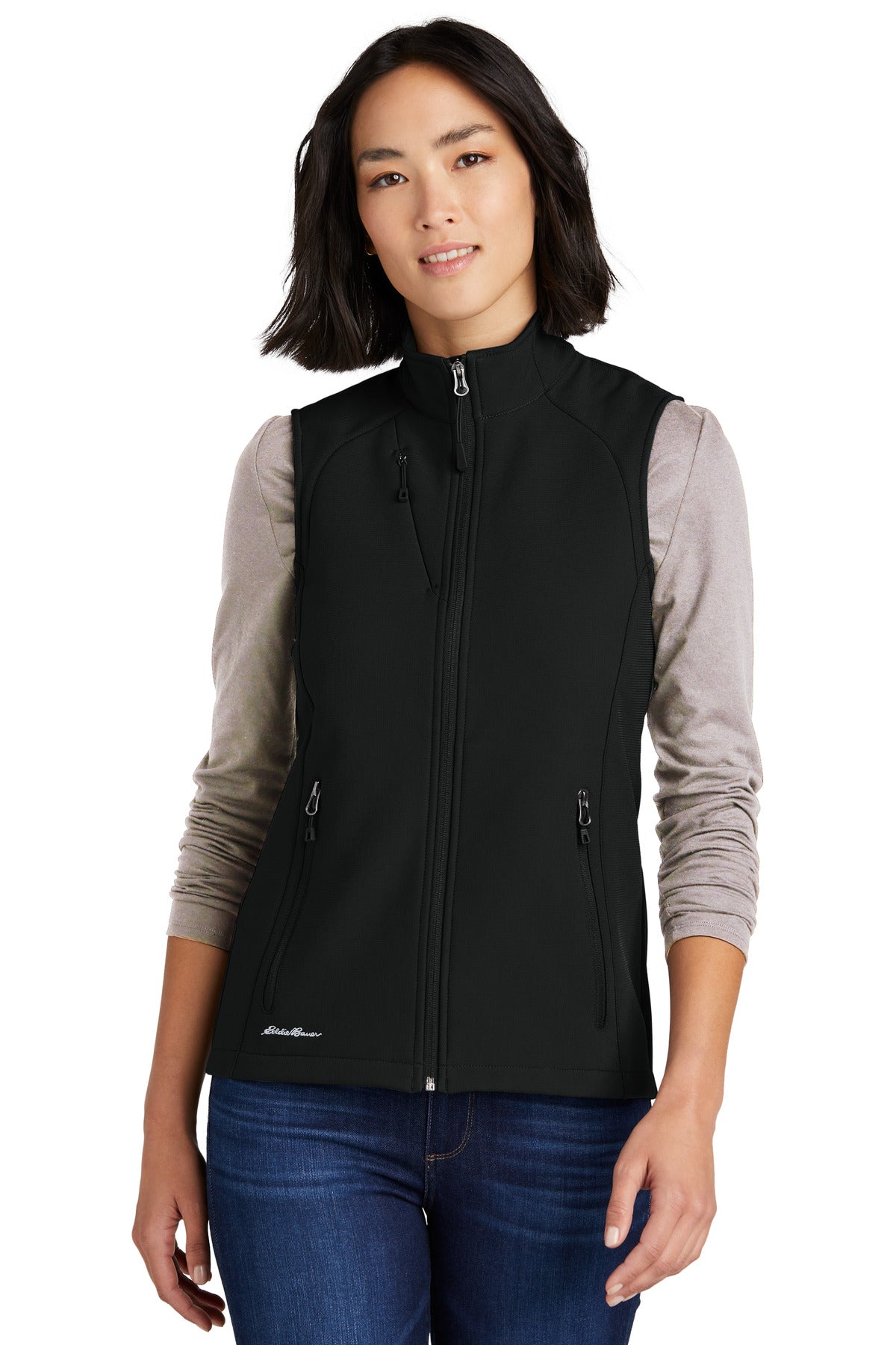 Front View of DeepBlack Eddie Bauer Women's Stretch Soft Shell Vest EB547 - XS