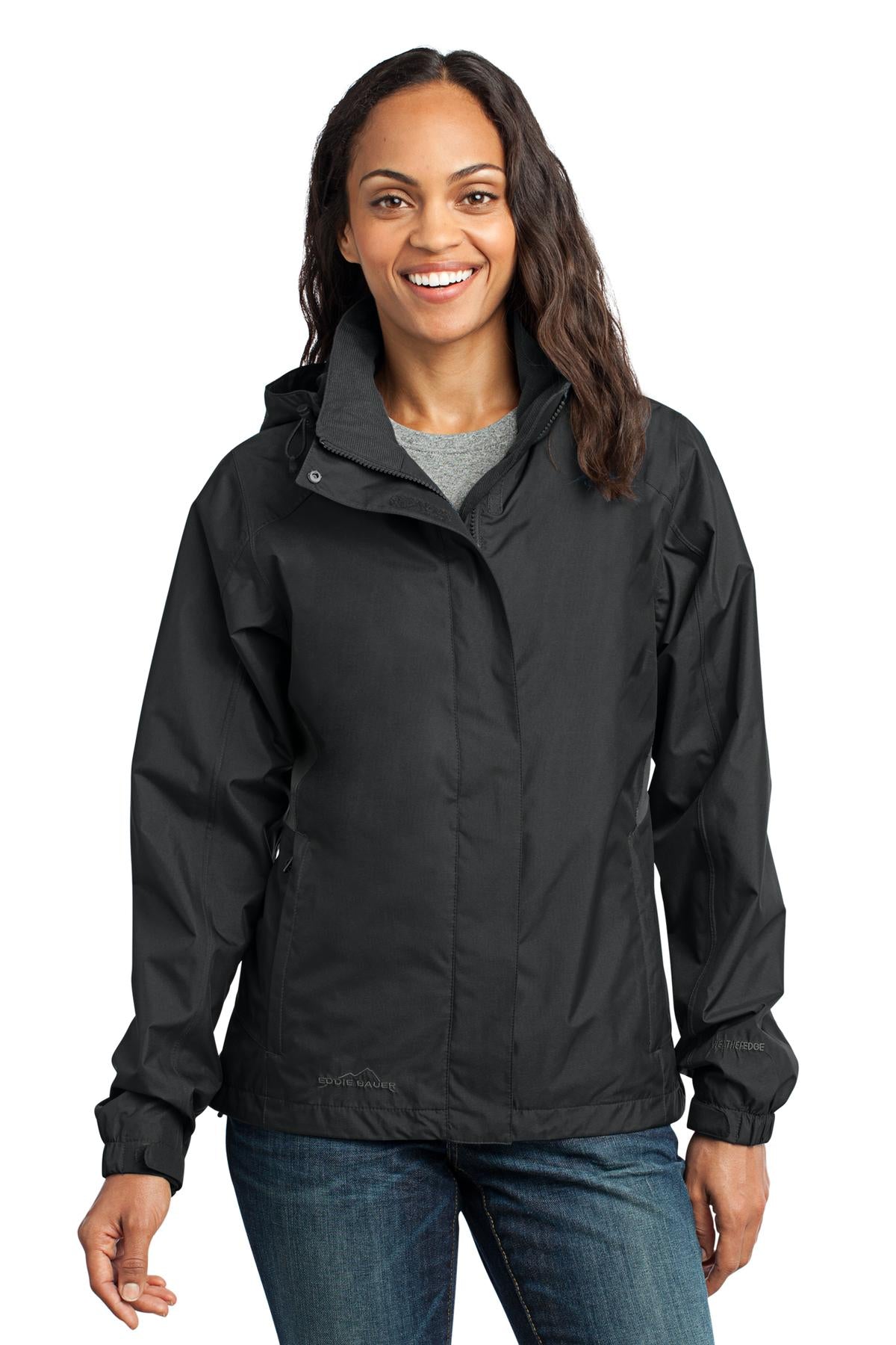 Front View of Black Eddie Bauer Women's Rain Jacket. EB551 - XS