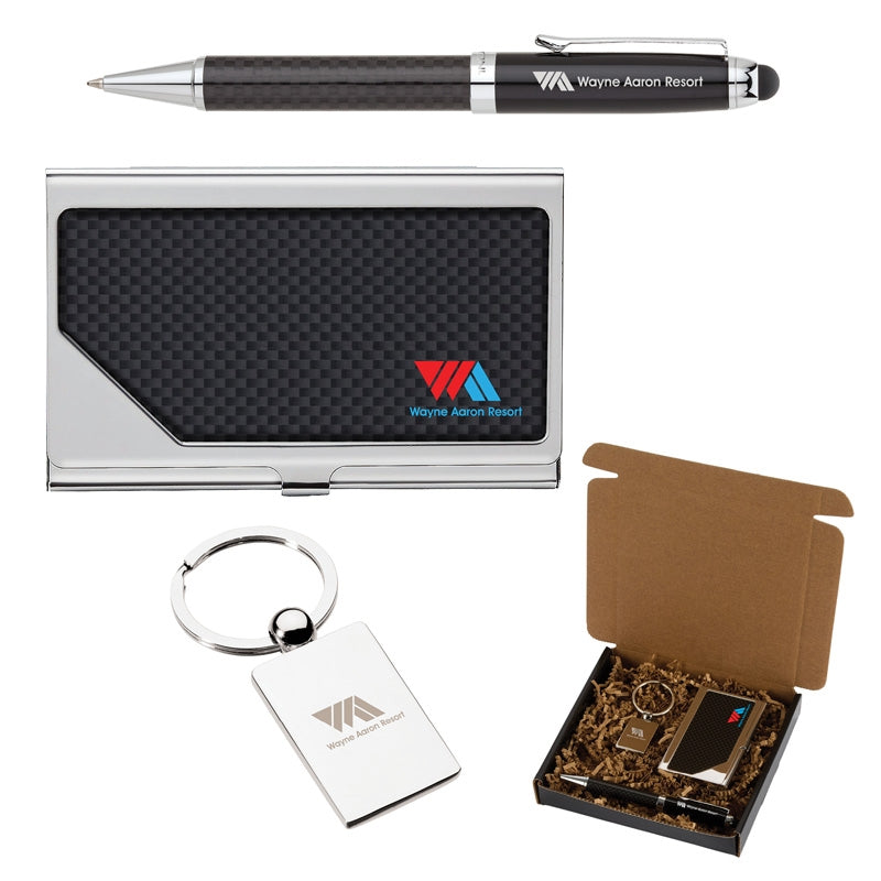 N/A Carbon Fiber Pen, Business Card Case and Chrome Keyring Set