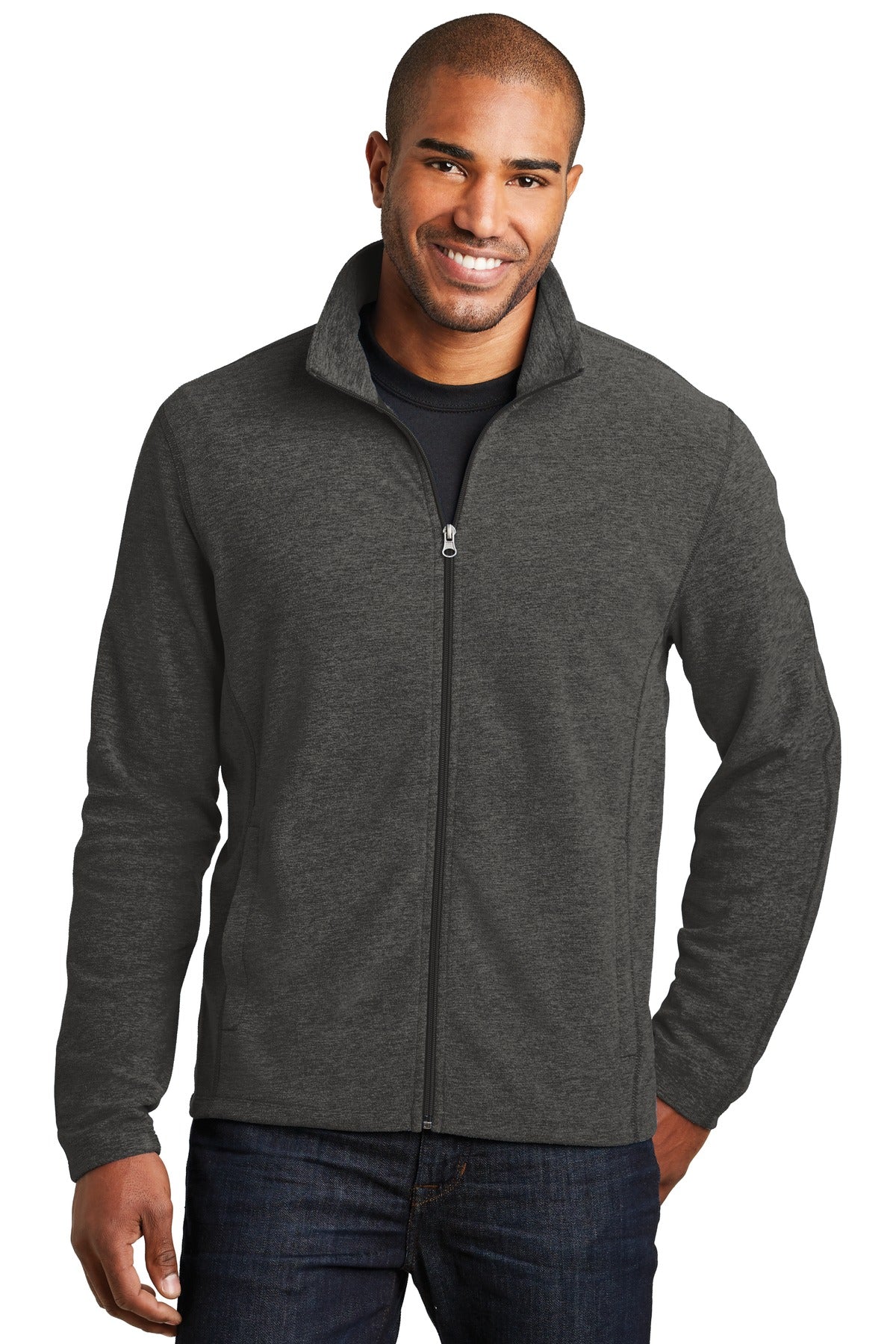 Front View of Black Char Hea Port Authority Heather Microfleece Full-Zip Jacket. F235 - XS