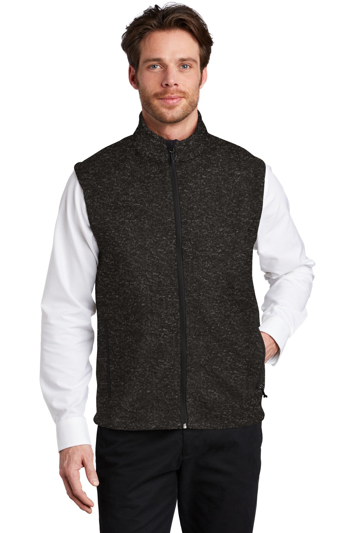 Front View of Black Heather Port Authority Sweater Fleece Vest F236 - XS