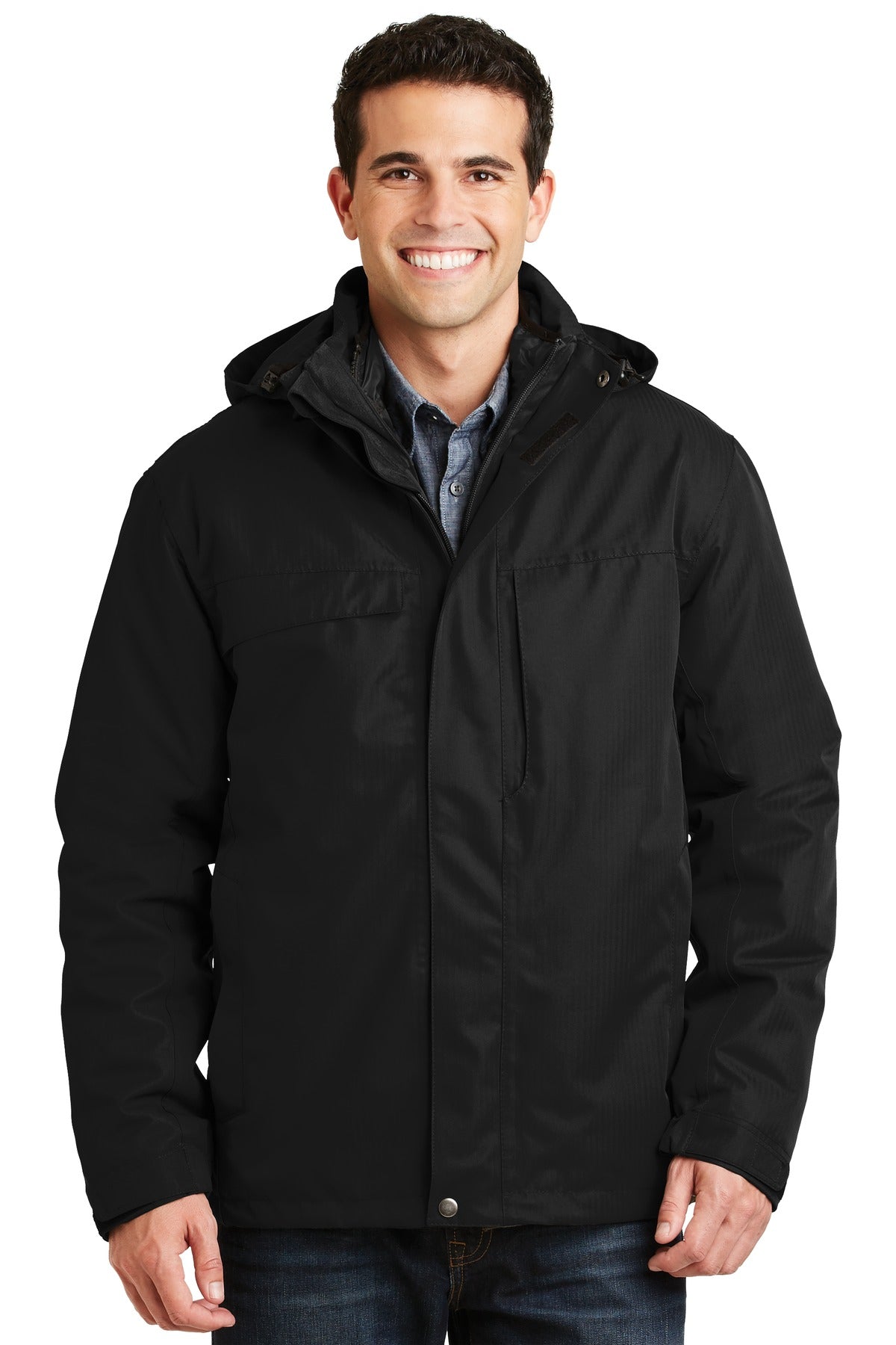 Front View of Black Port Authority Herringbone 3-in-1 Parka. J302 - XS
