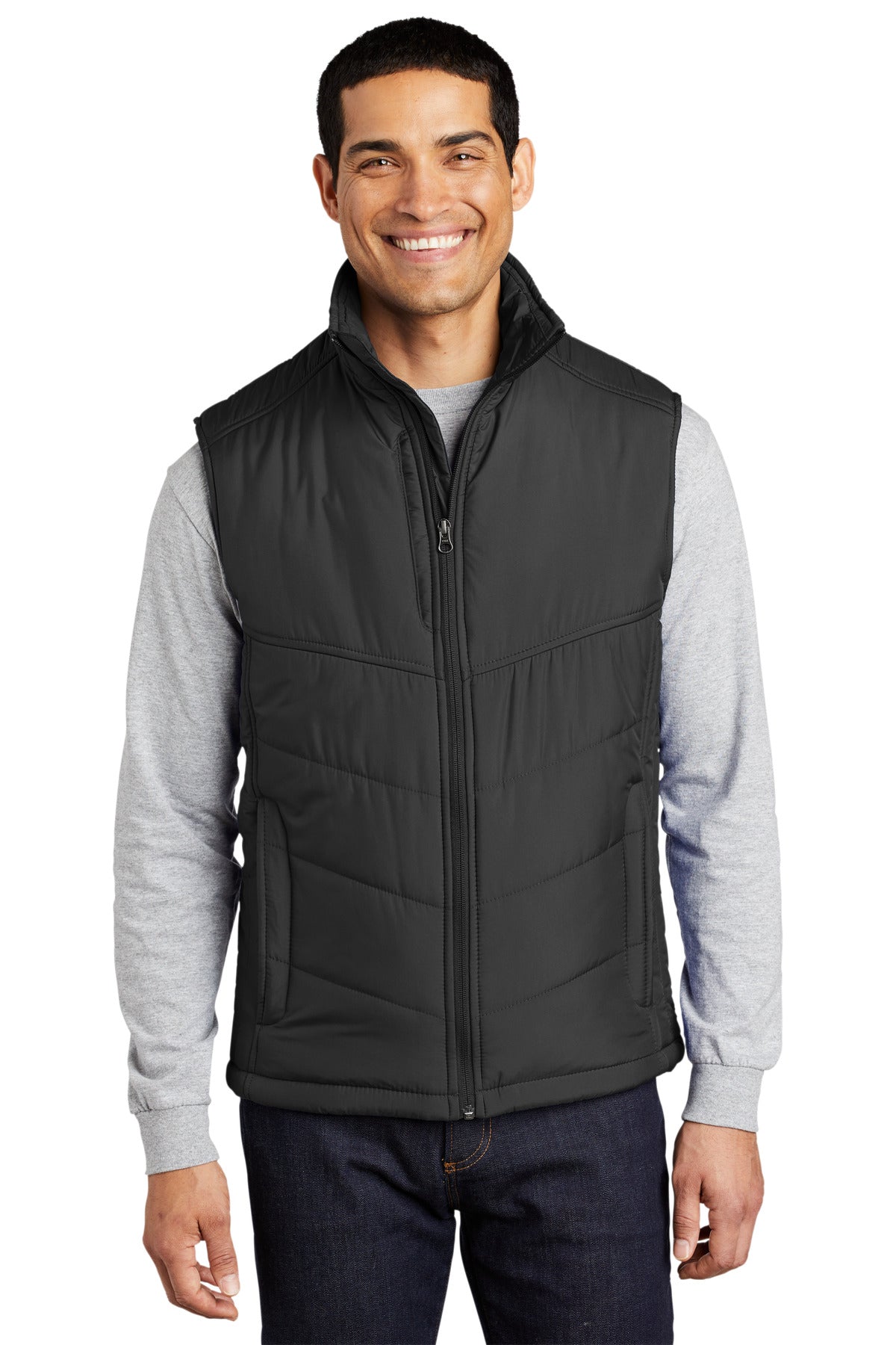 Front View of Black Port Authority Puffy Vest. J709 - XS