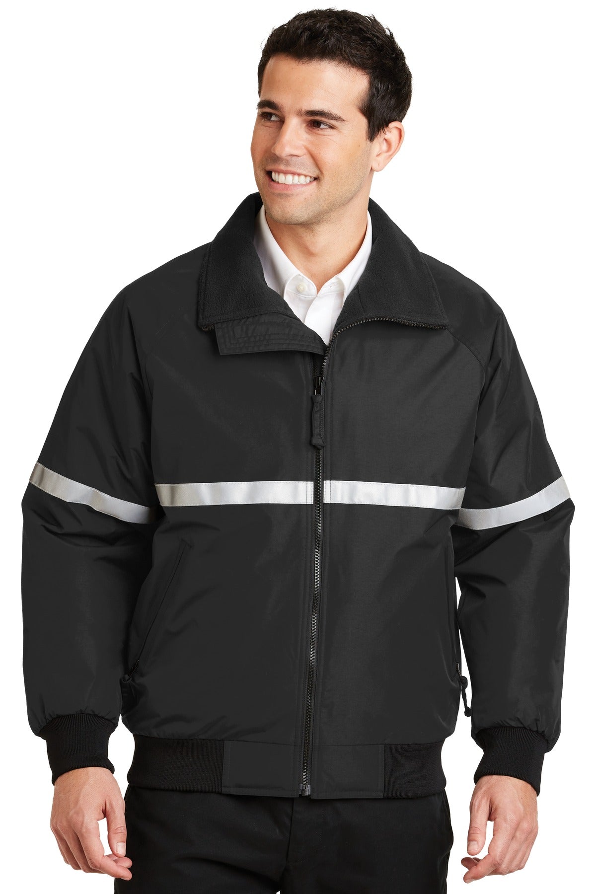 Front View of T Bk/T Bk/Refl Port Authority Challenger Jacket with Reflective Taping J754R - XS