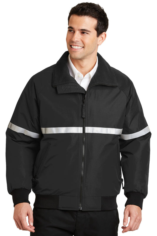Front View of T Bk/T Bk/Refl Port Authority Challenger Jacket with Reflective Taping J754R - XS
