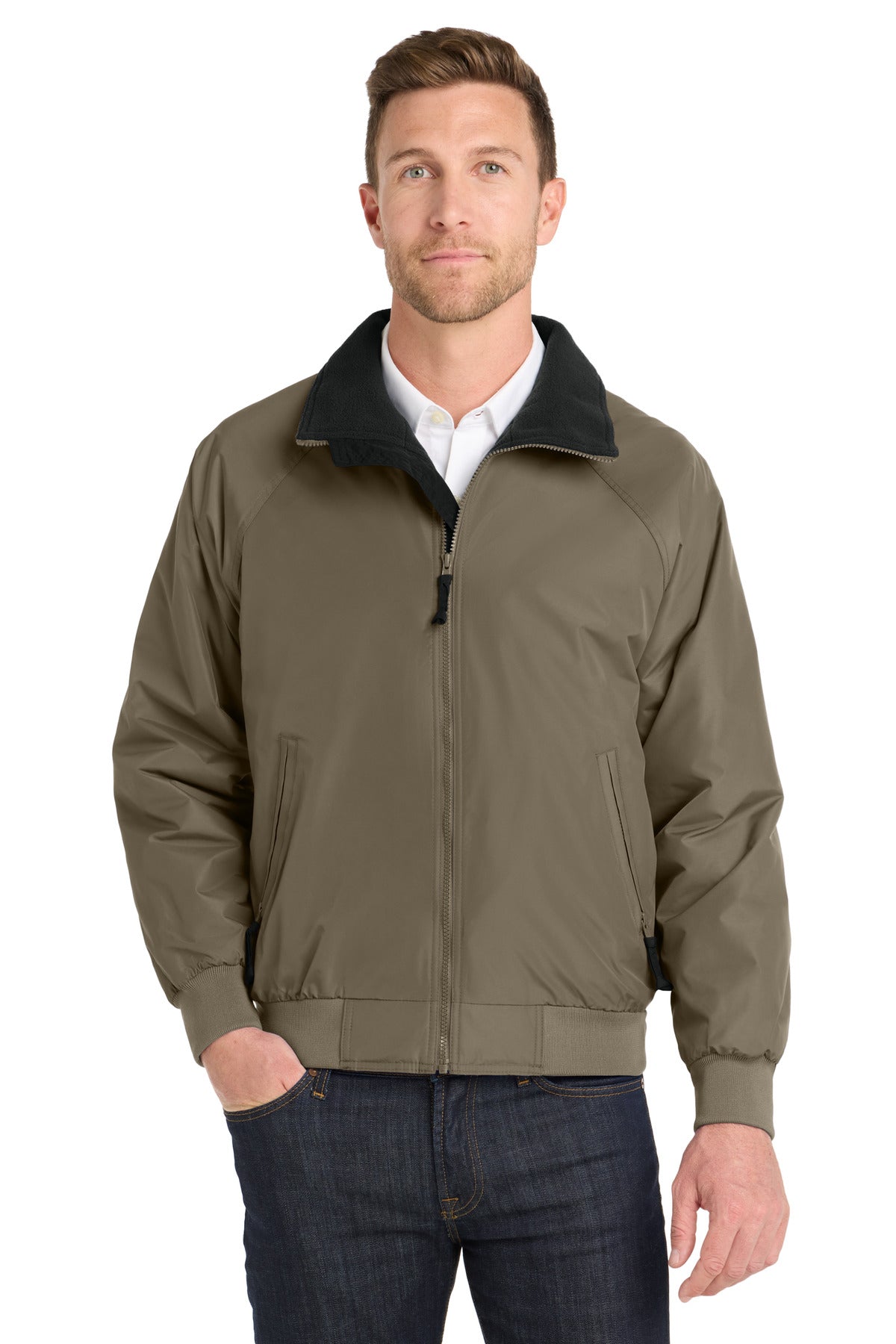 Front View of Khaki/True Blk Port Authority Challenger Jacket. J754 - XS