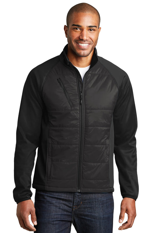 Front View of Deep Black Port Authority Hybrid Soft Shell Jacket. J787 - XS