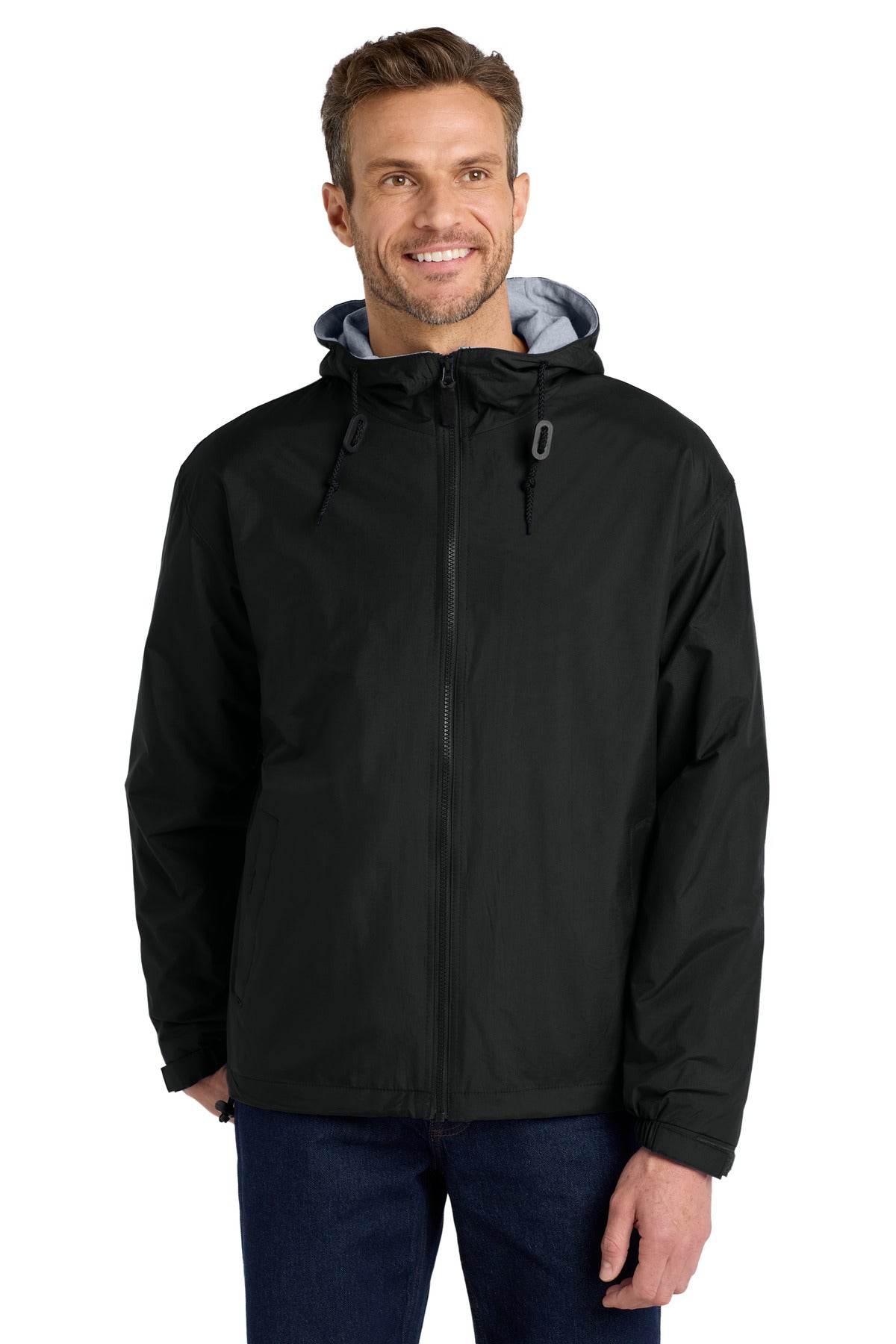 Front View of Black/LtOxf Port Authority Team Jacket. JP56 - XS