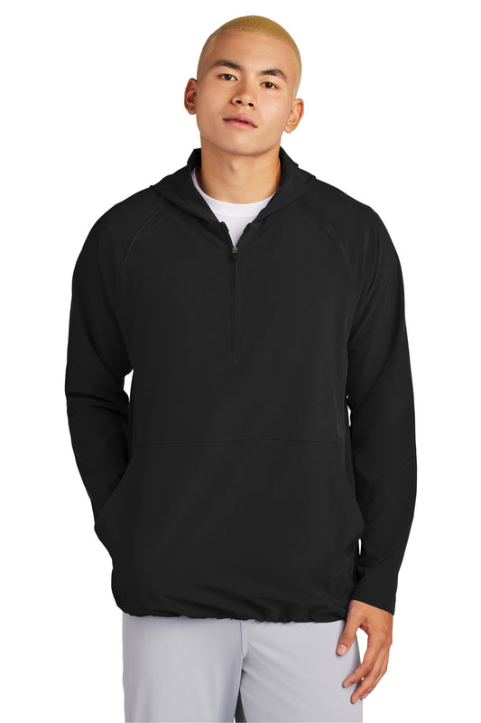 Front View of Black Sport-Tek Repeat 1/2-Zip Long Sleeve Hooded Jacket JST488 - XS
