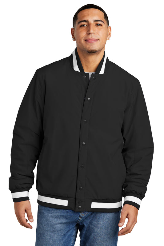 Front View of Black Sport-Tek Insulated Varsity Jacket JST58 - XS
