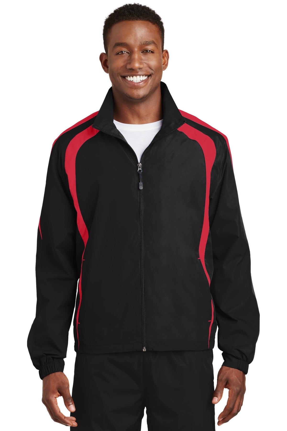 Front View of Black/True Red Sport-Tek Colorblock Raglan Jacket. JST60 - XS
