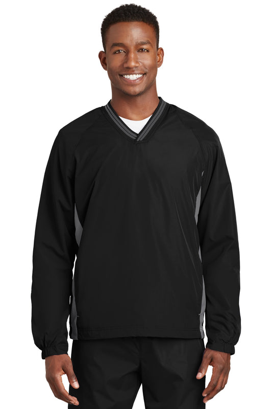 Front View of Black/Graphite Sport-Tek Tipped V-Neck Raglan Wind Shirt. JST62 - XS