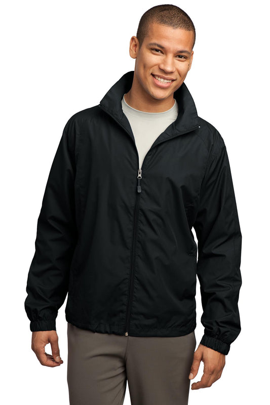 Front View of Black Sport-Tek Full-Zip Wind Jacket. JST70 - XS