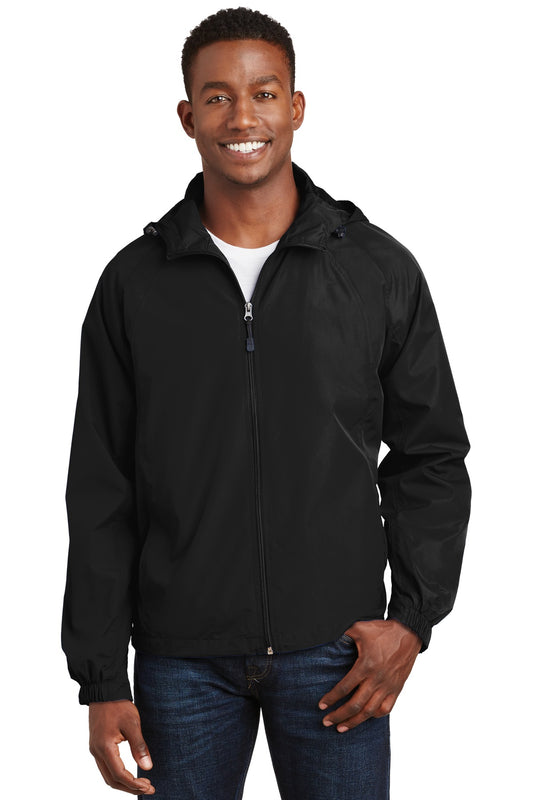 Front View of Black Sport-Tek Hooded Raglan Jacket. JST73 - XS
