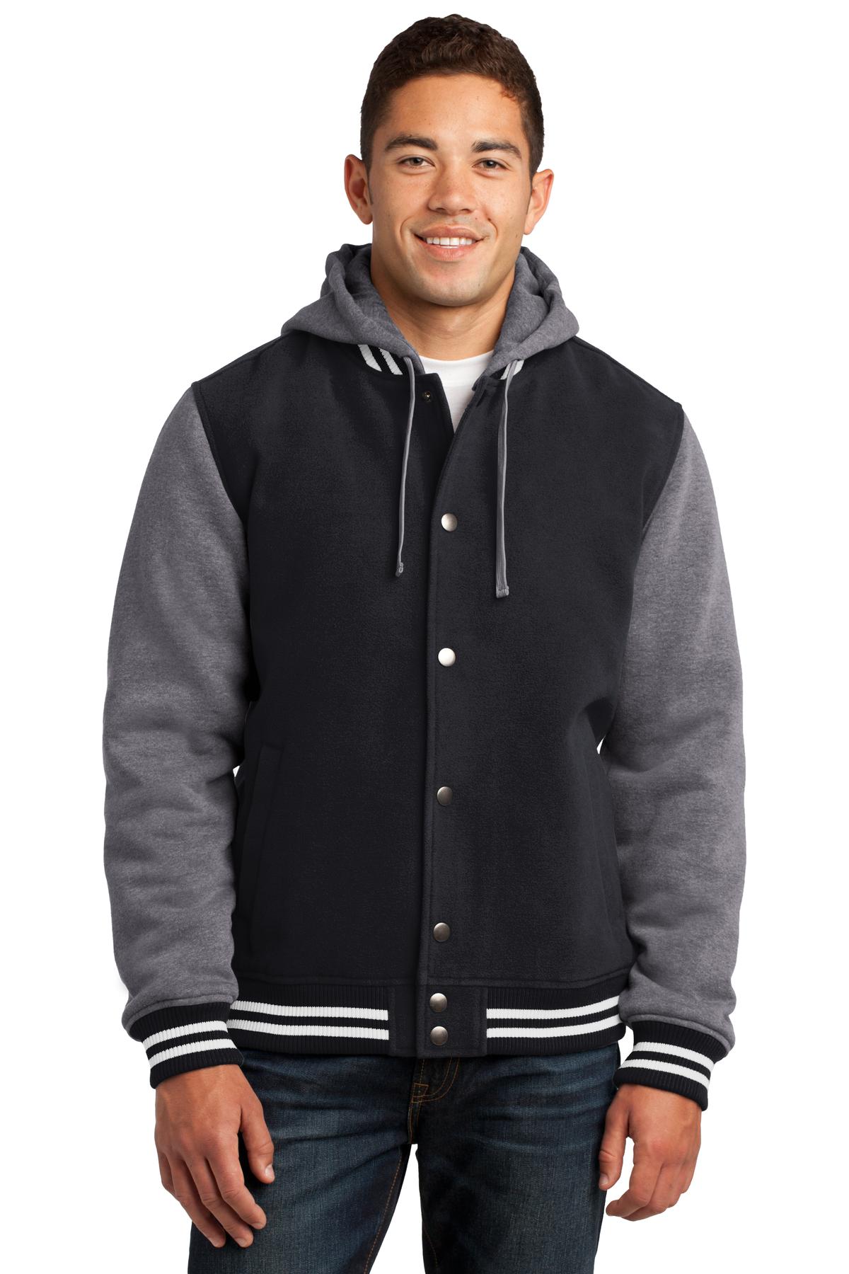 Front View of Black/Vnt Hthr Sport-Tek Insulated Letterman Jacket. JST82 - XS