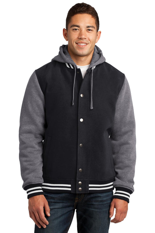 Front View of Black/Vnt Hthr Sport-Tek Insulated Letterman Jacket. JST82 - XS