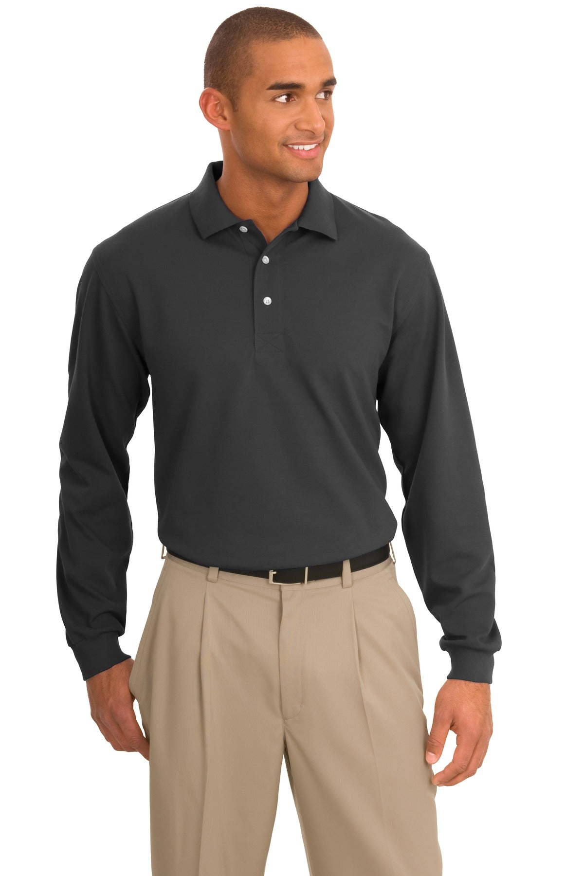 Front View of Charcoal Port Authority Rapid Dry Long Sleeve Polo. K455LS - XS