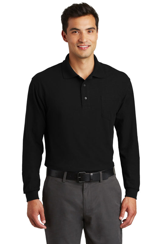 Front View of Black Port Authority Long Sleeve Silk Touch Polo with Pocket. K500LSP - XS
