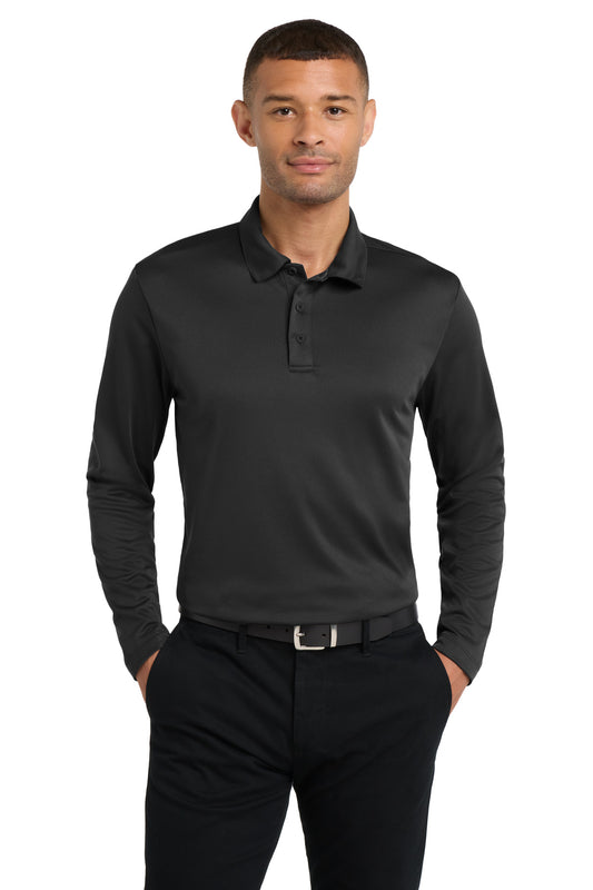 Front View of Black Port Authority Silk Touch Performance Long Sleeve Polo. K540LS - XS
