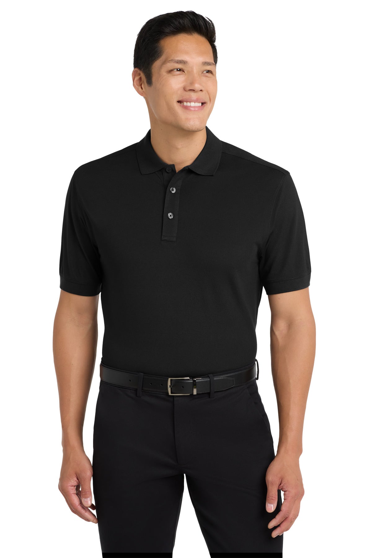 Front View of Black Port Authority Stretch Pique Polo. K555 - XS