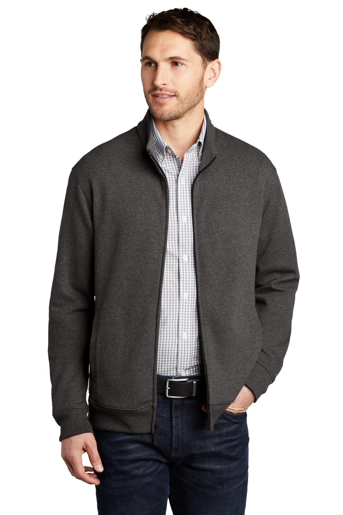 Front View of Char He/MH Gry Port Authority Interlock Full-Zip. K809 - XS