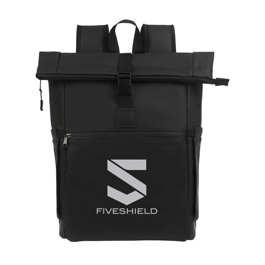 Black Casey PU Roll-Top Laptop Backpack