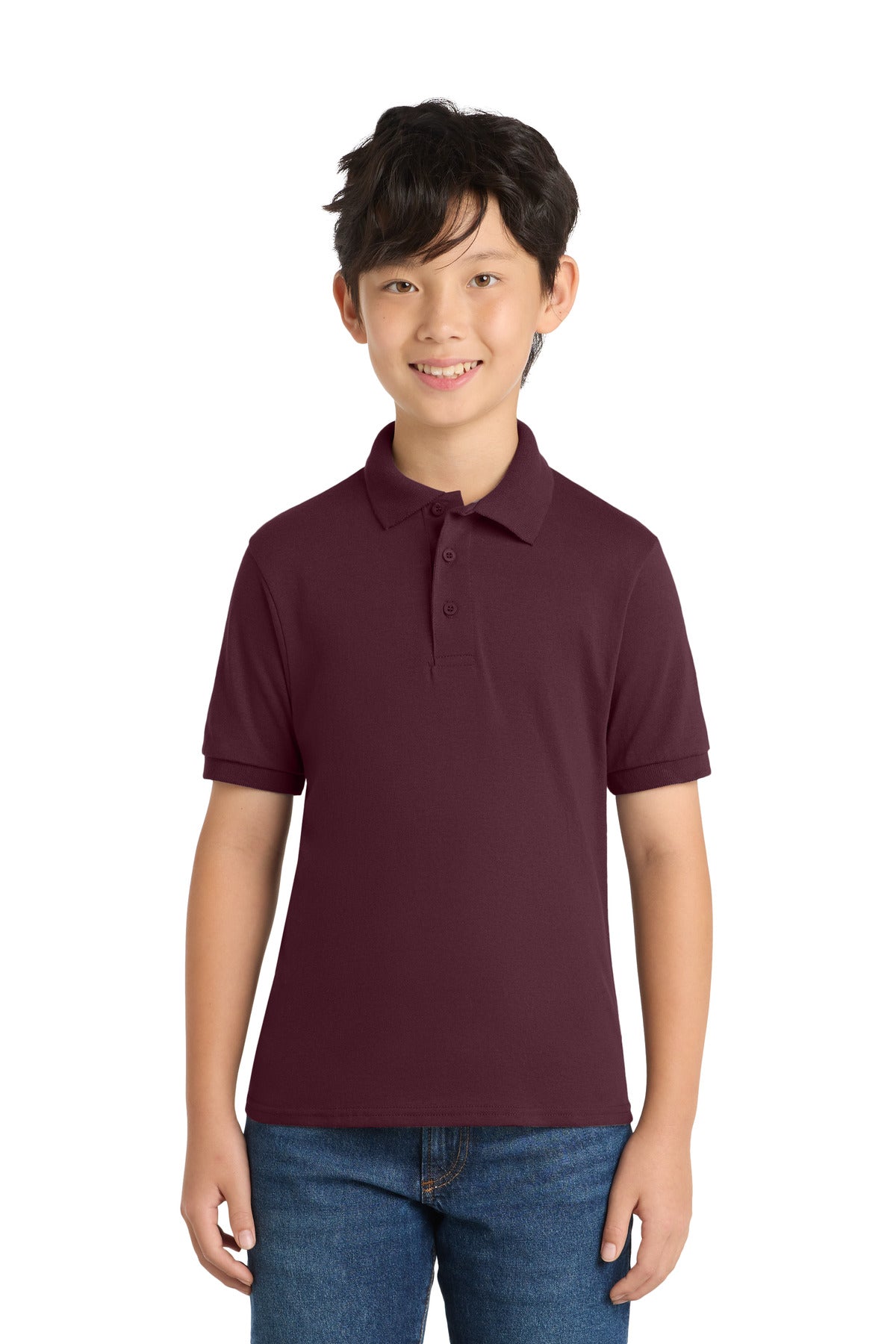 SanMar KP55Y_athleticmaroon_model_front.jpg