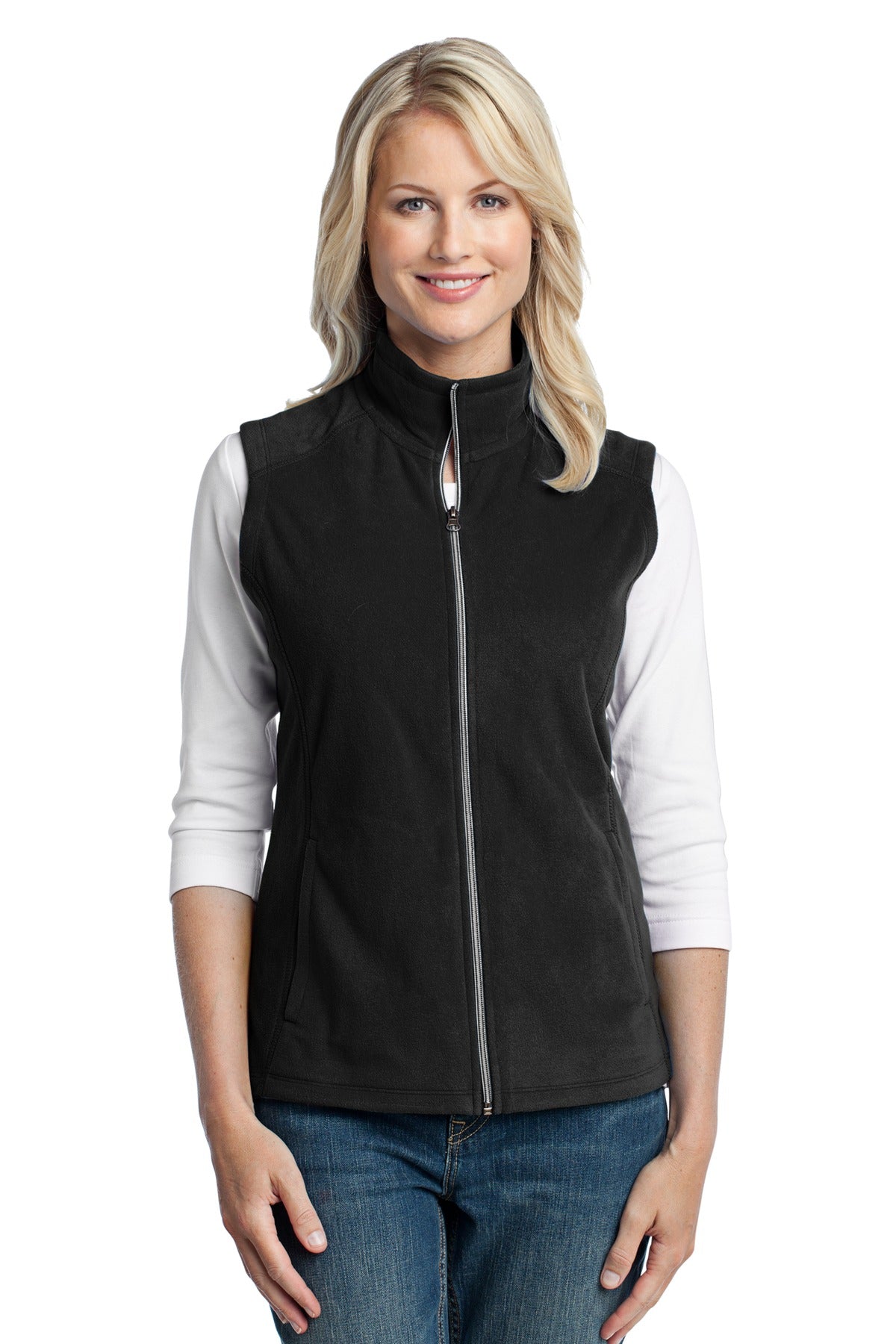 Front View of Black Port Authority Women's Microfleece Vest. L226 - 4XL