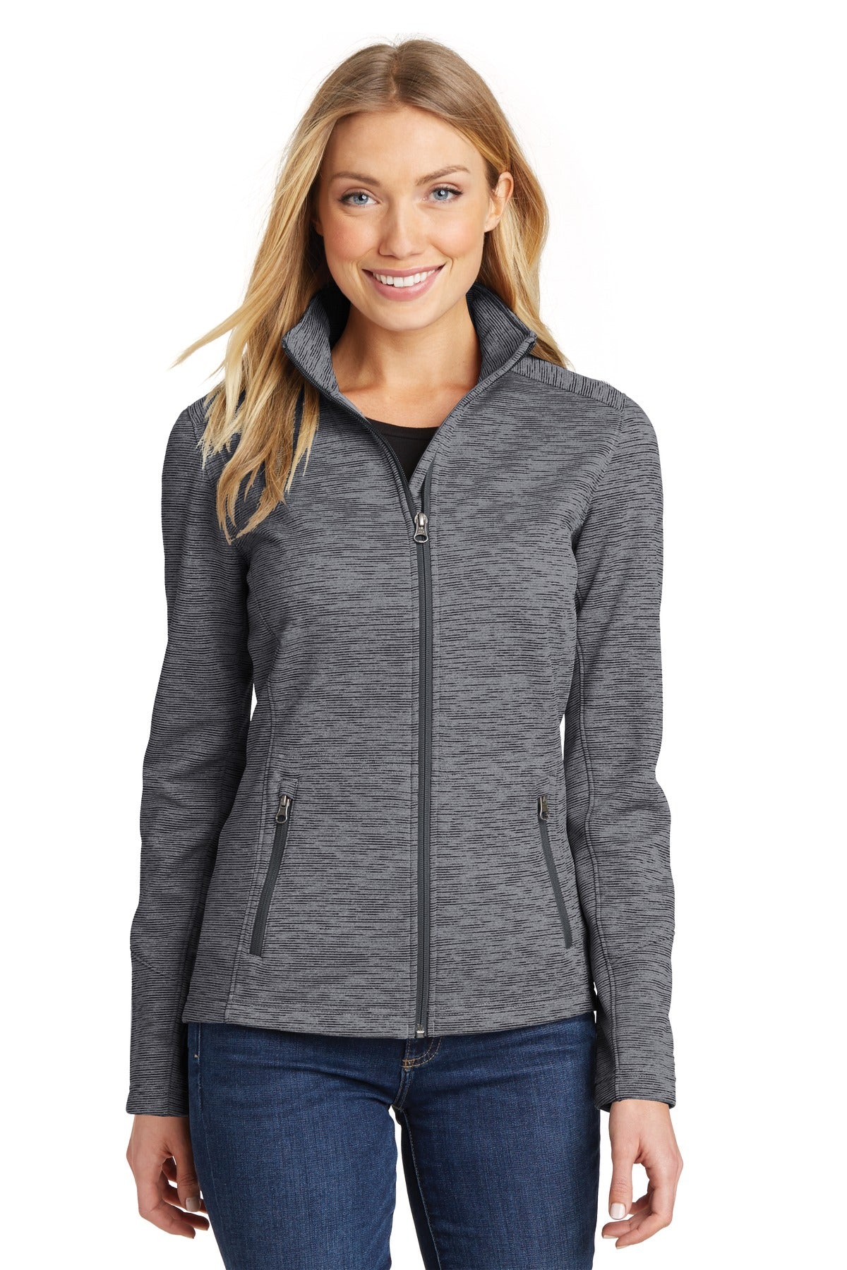 Front View of Black Port Authority Women's Digi Stripe Fleece Jacket. L231 - S