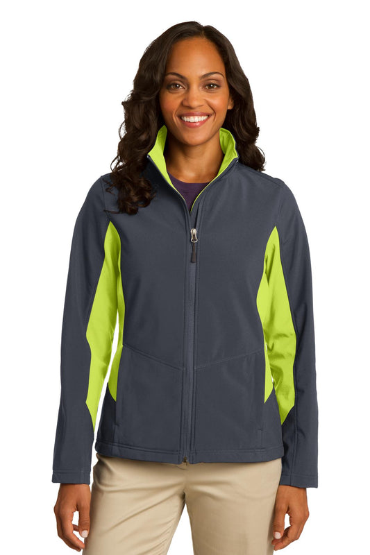 Front View of Bat Gry/Ch Grn Port Authority Women's Core Colorblock Soft Shell Jacket. L318 - XS