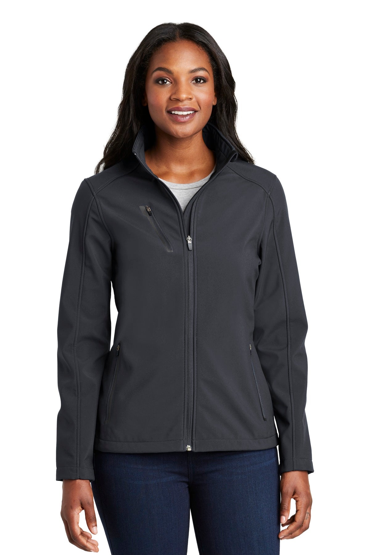 Front View of Batlshp Grey Port Authority Women's Welded Soft Shell Jacket. L324 - M
