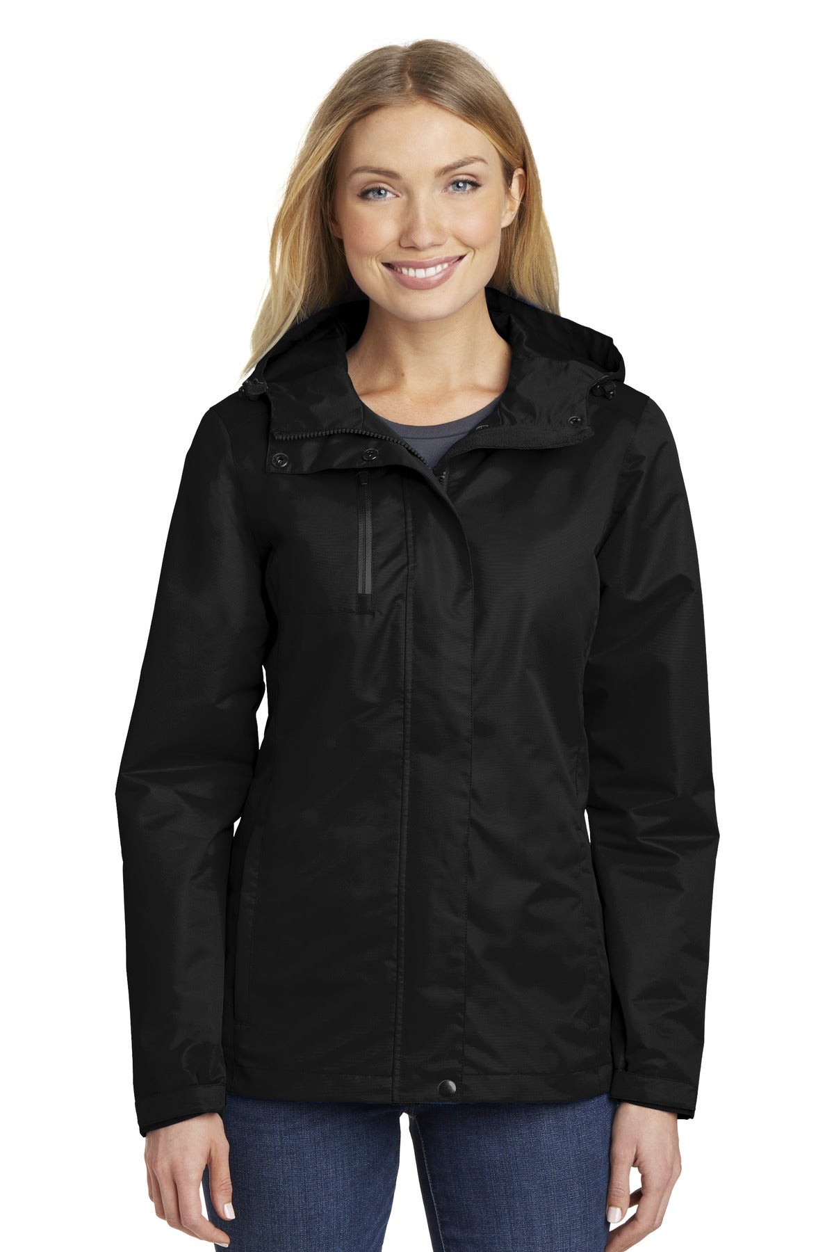 Front View of Black Port Authority Women's All-Conditions Jacket. L331 - XL