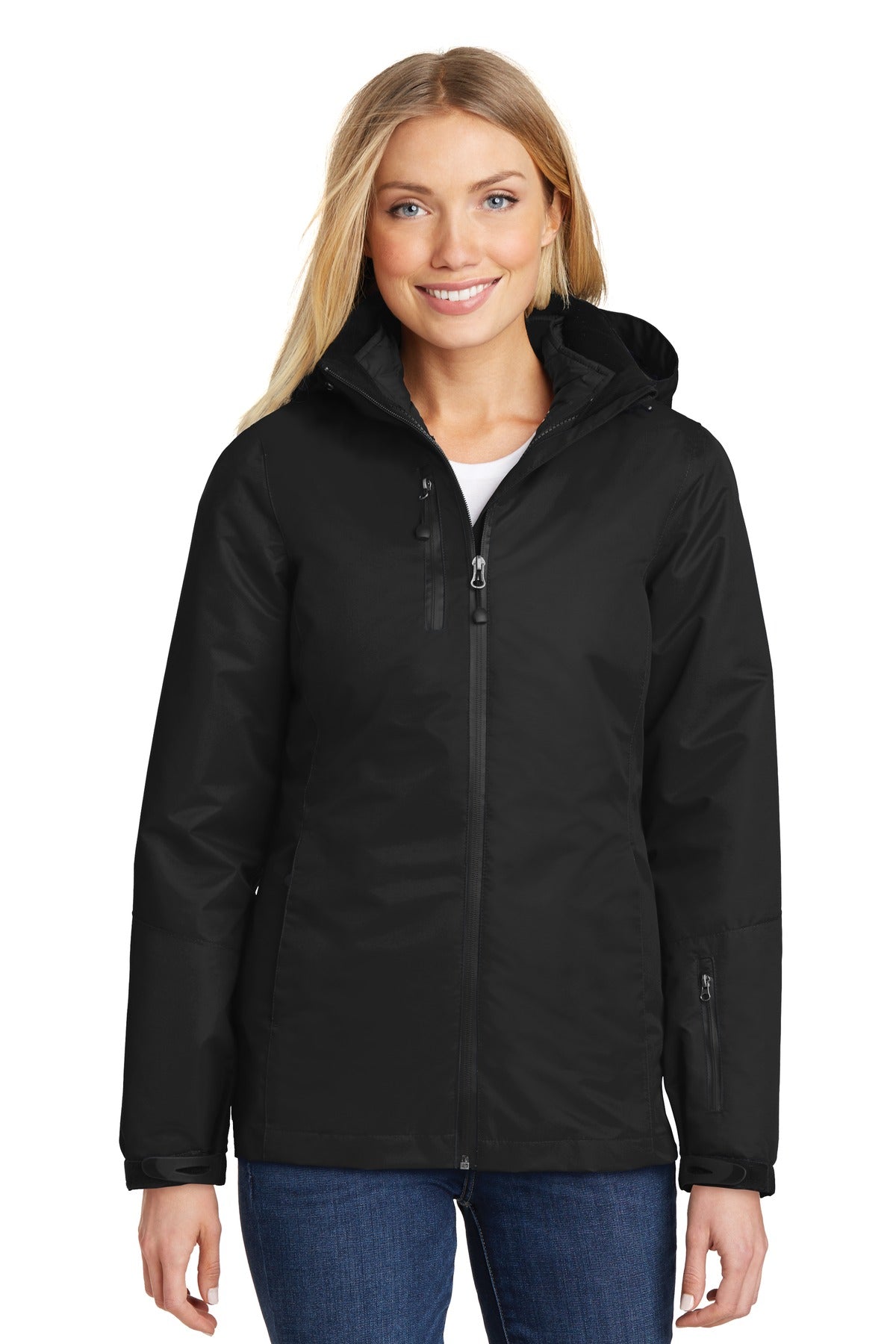 Front View of Black/Black Port Authority Women's Vortex Waterproof 3-in-1 Jacket. L332 - XS
