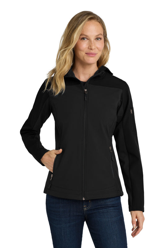 Front View of Black Port Authority Women's Hooded Core Soft Shell Jacket. L335 - 4XL