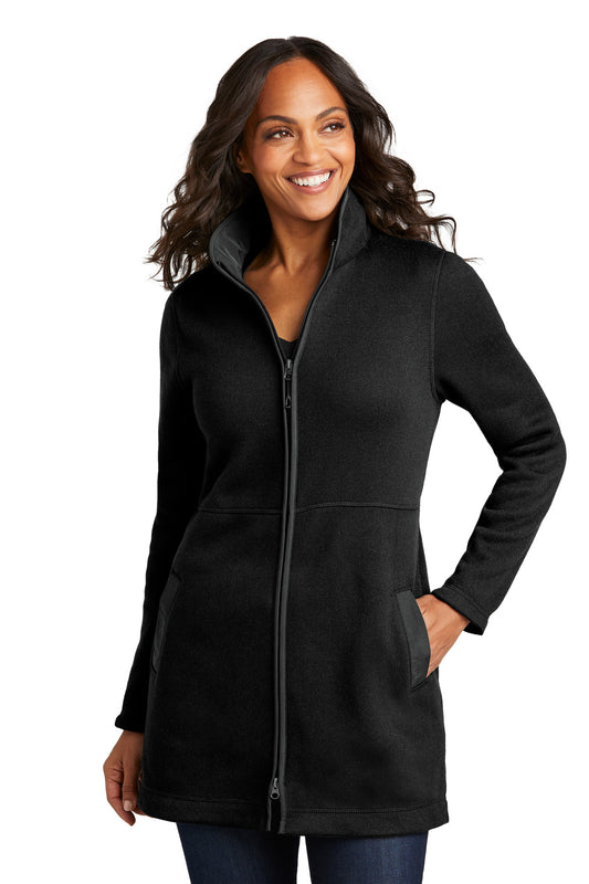 Front View of DeepBlack Port Authority Women's Arc Sweater Fleece Long Jacket L425 - S