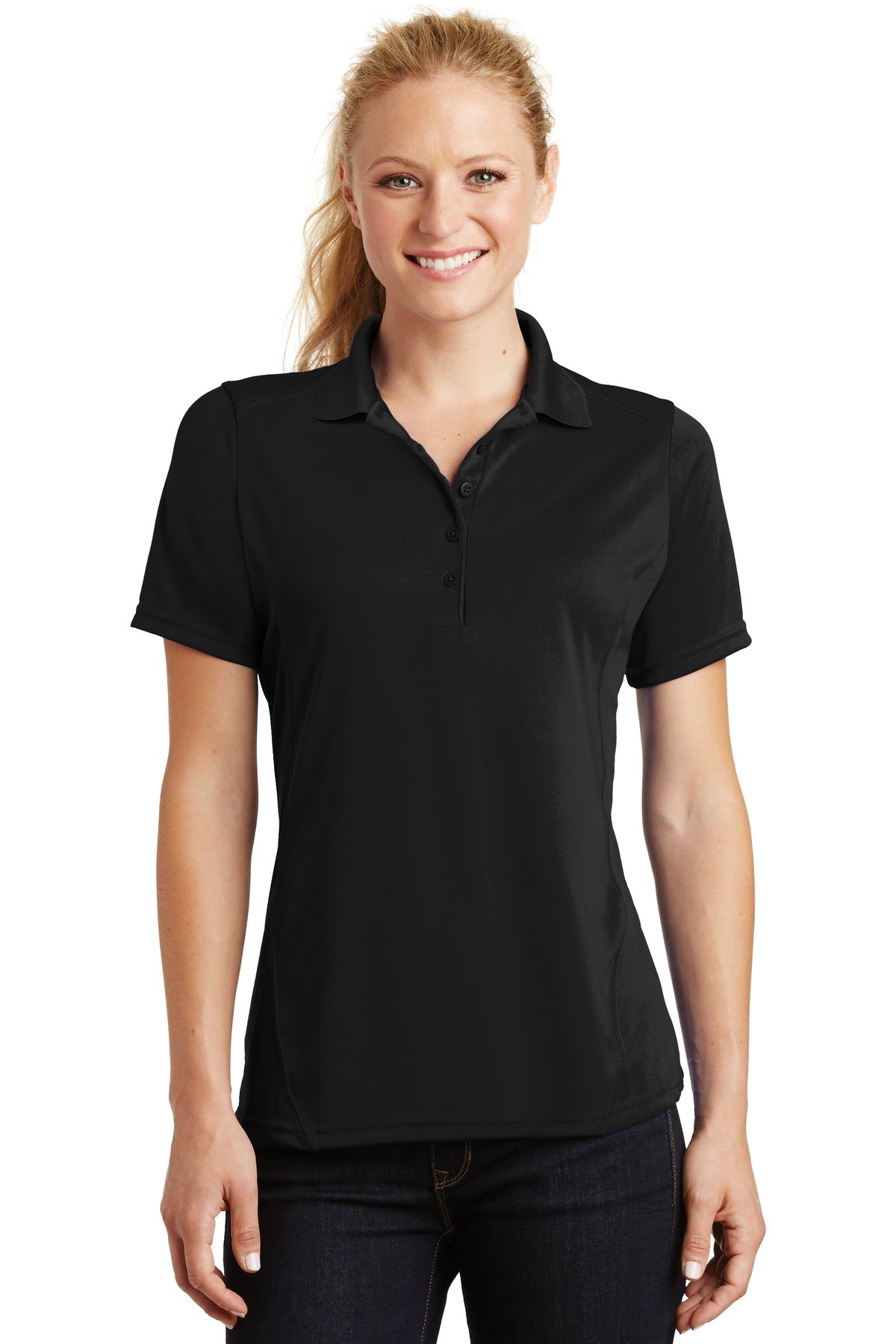 Front View of Black Sport-Tek Women's Dry Zone Raglan Accent Polo. L475 - 4XL