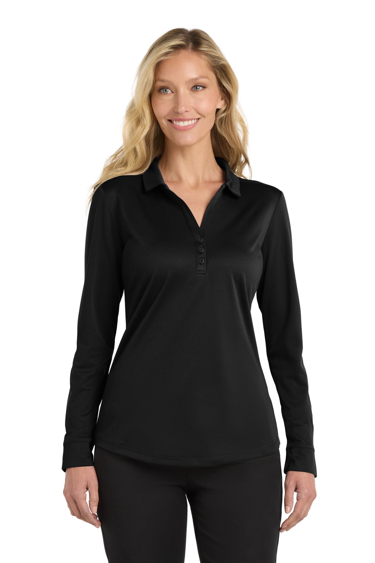 Front View of Black Port Authority Women's Silk Touch Performance Long Sleeve Polo. L540LS - XXL