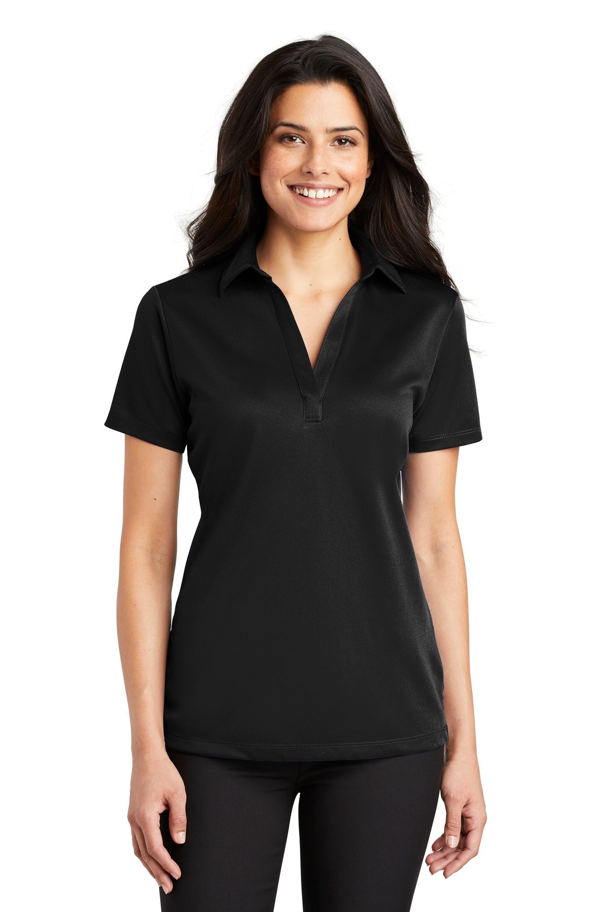 Front View of Black Port Authority Women's Silk Touch Performance Polo. L540 - L