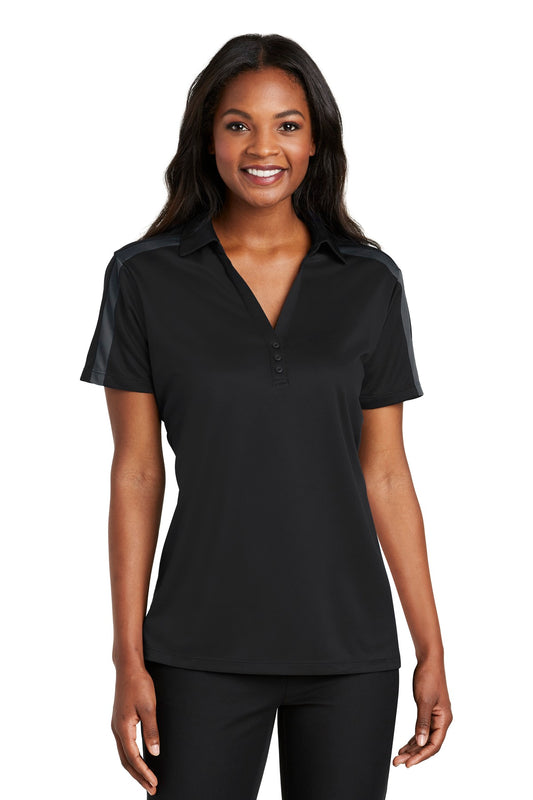 Front View of Black/Steel Gy Port Authority Women's Silk Touch Performance Colorblock Stripe Polo. L547 - M