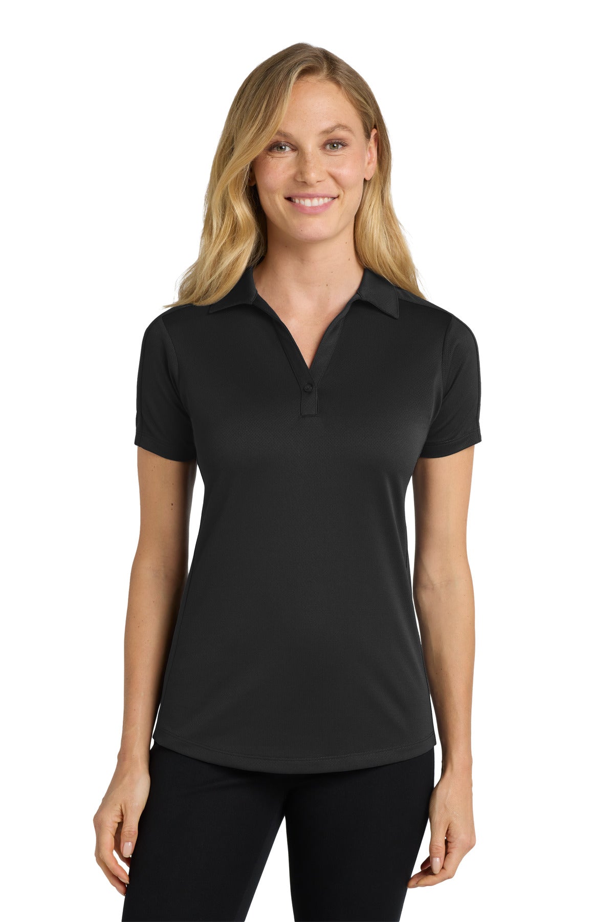 Front View of Black Port Authority Women's Diamond Jacquard Polo. L569 - XS